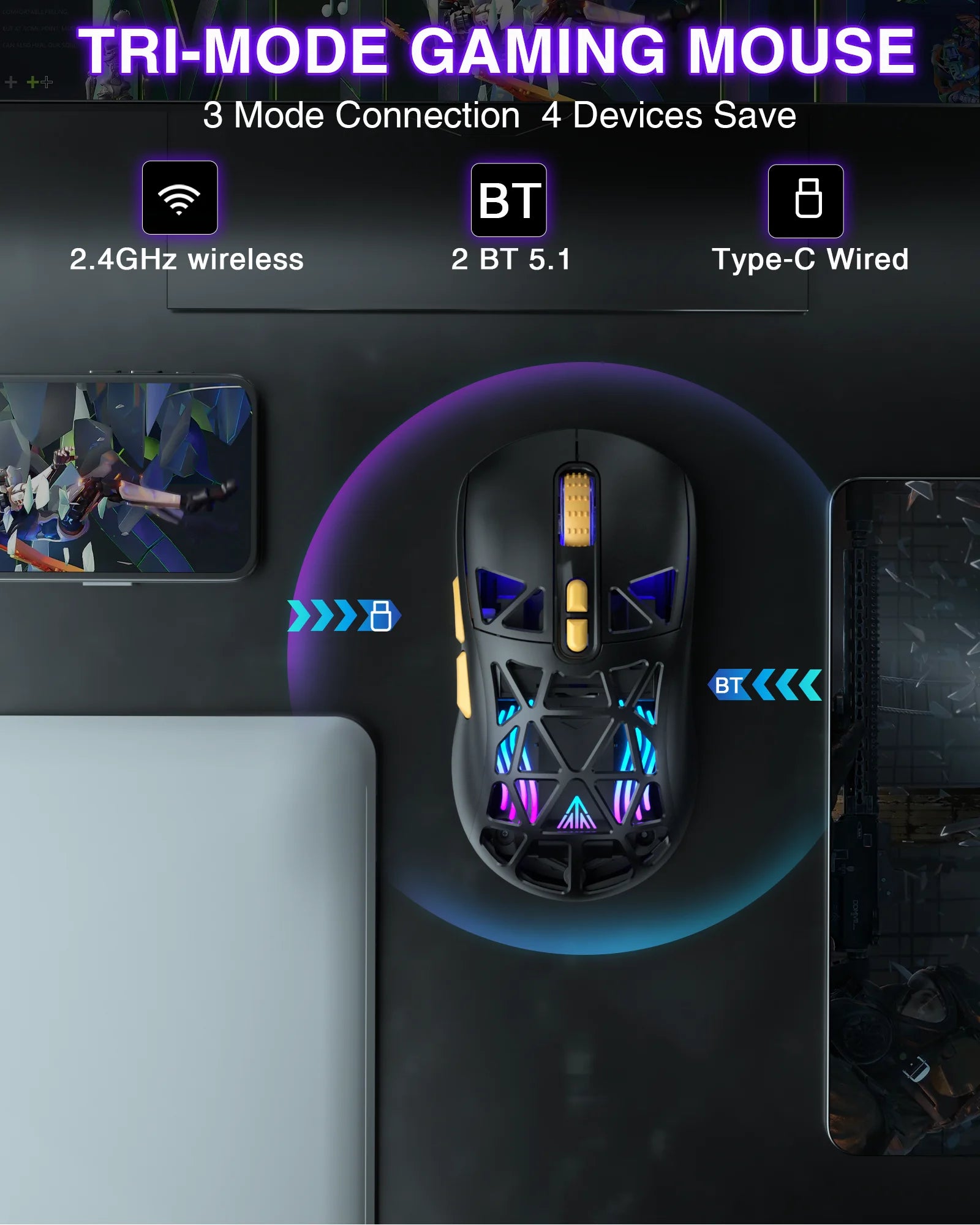 SOLAKAK SM802 Tri-modes Gaming Mouse Replaceable Shell Macros 6-adjustable DPI 600mah RGB lightweight