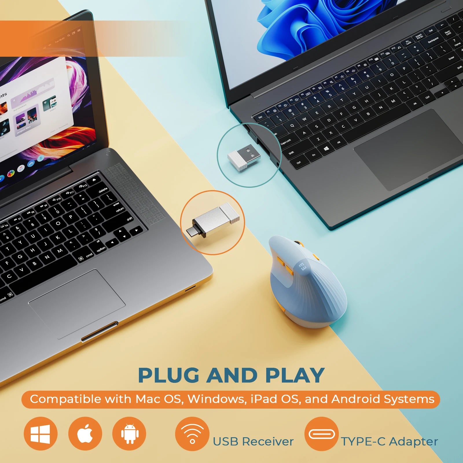 SEENDA Vertical Wireless Mouse Type C Rechargeable Ergonomic USB & Type C Mice for Laptop Laptop PC MacBook Windows