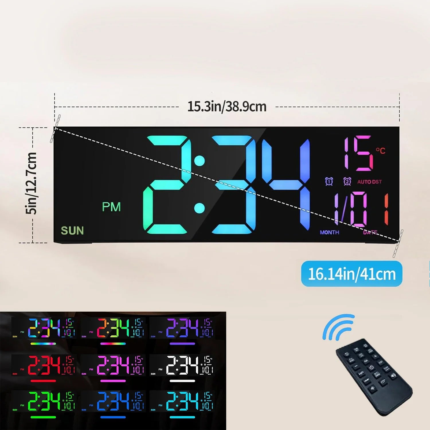16.2’’ Large Digital Wall Clock with Remote Control Big LED/Dual Alarm/8 RGB Colors Digital Alarm Clock Electronic