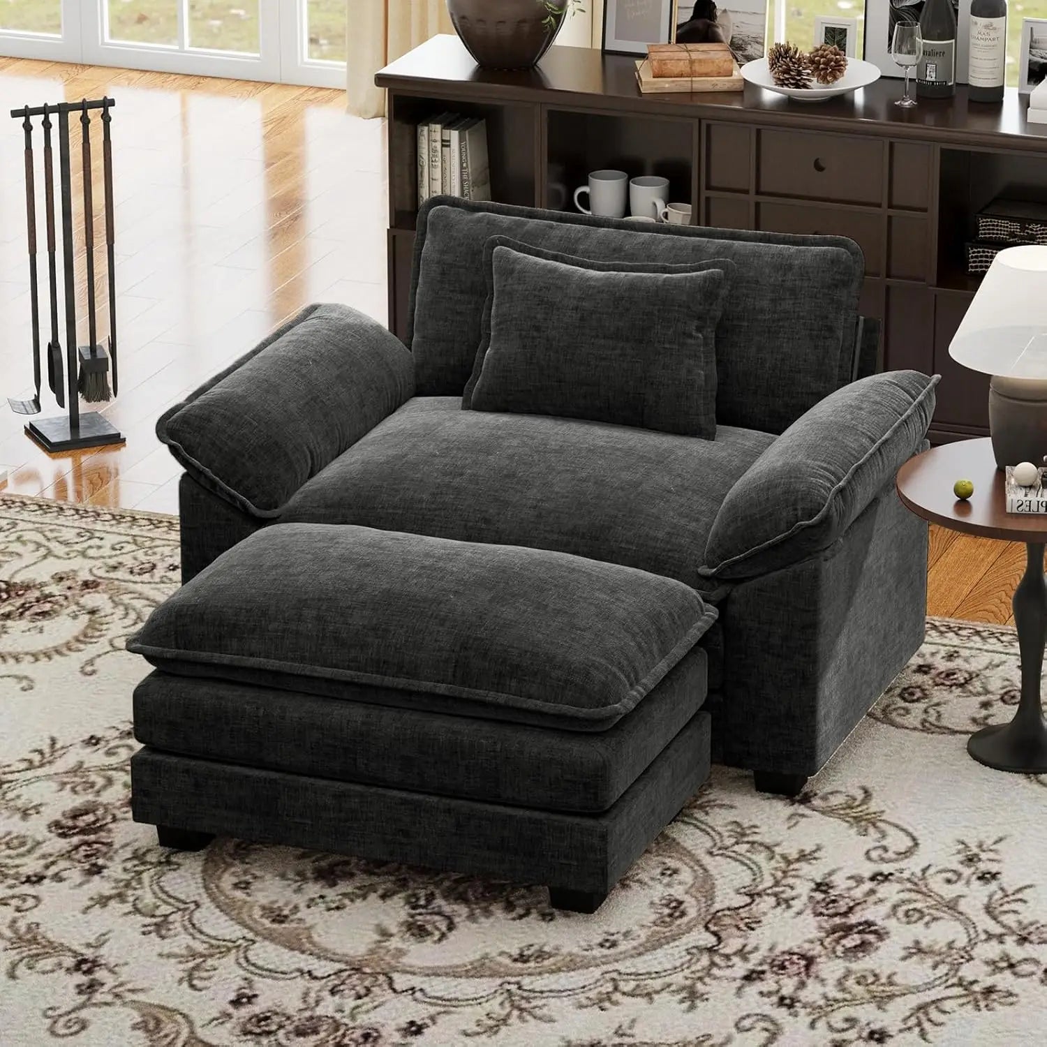 50’’ Oversized Chair with Movable Ottoman Chenille Comfy Cloud Sofa Accent Chair w/Large Seat and Armrests Modern Extra