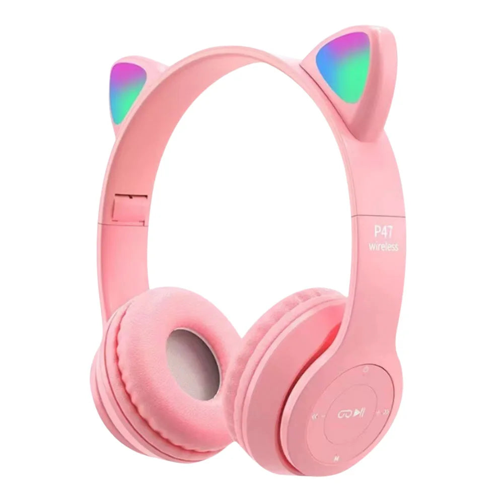 Wireless Headphones Cat Ear Gaming Headset Glow Light Bluetooth-Compatible Helmets Cute Over-Ear Headsets for Kids