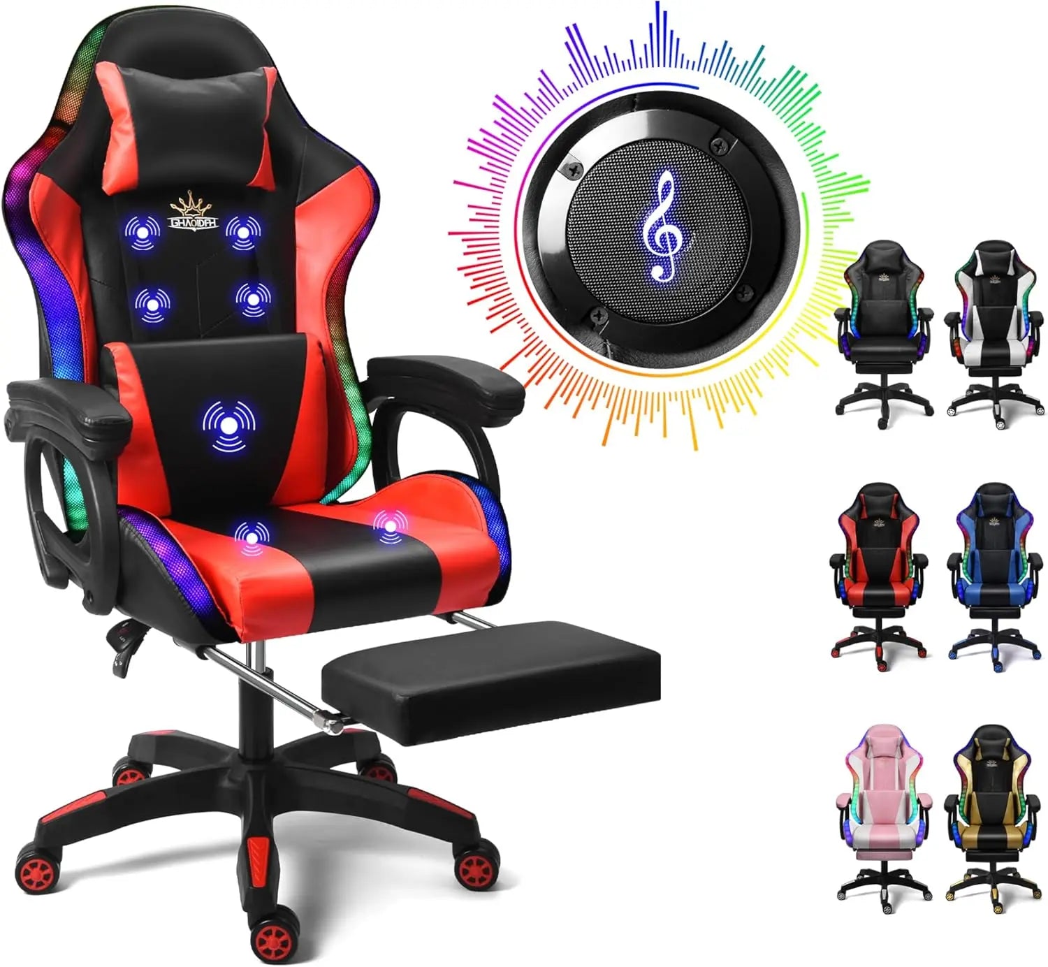 Gaming Chair with LED Lights and Speakers Ergonomic Pro Video Game Chair with Massage and Footrest for Adults Teens