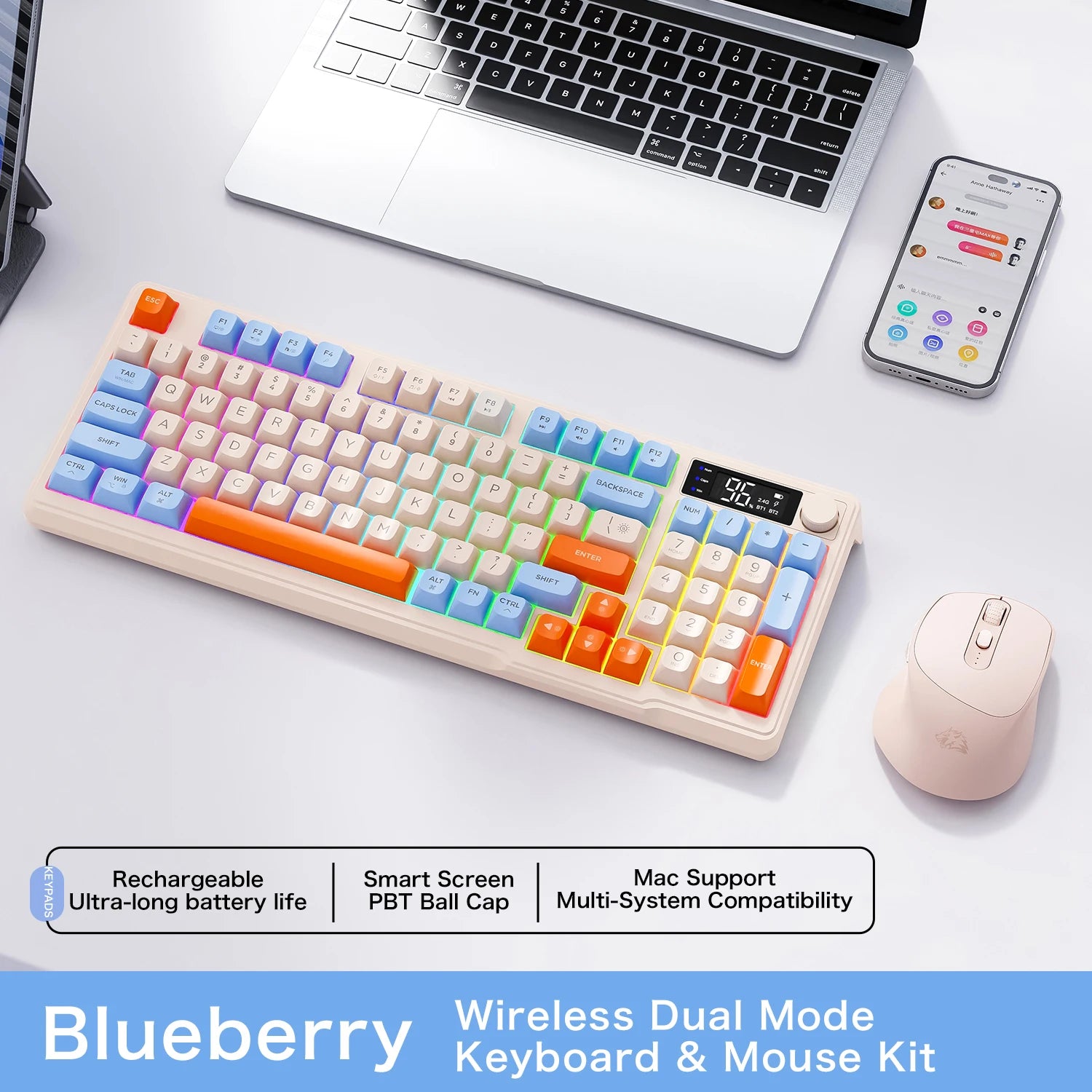 FreeWolf M96 Wireless Keyboard with Screen,Gaming Keyboard Bluetooth Dual-Mode Connection,Multi-Device