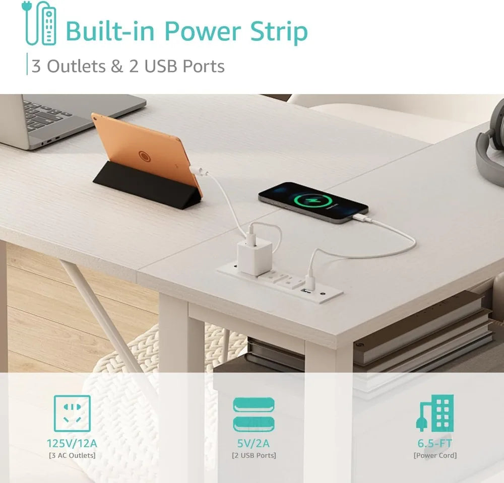 L Shaped Computer Desk with Drawers & Storage Shelves 55 Inch Corner Desk with Power Outlet for Home Office Bedroom