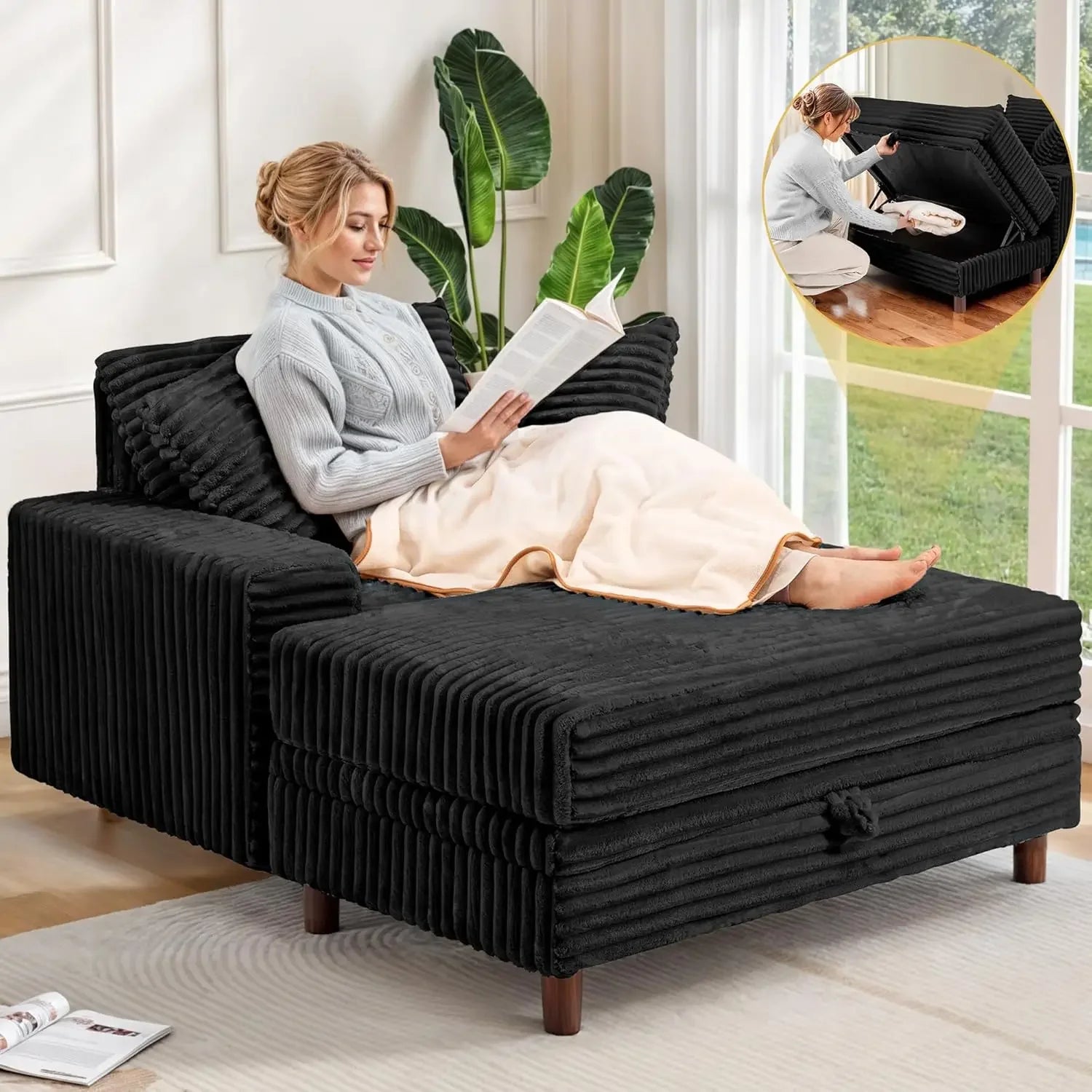 54’’ Oversized Chaise Lounge Chair Indoor Comfy Sofa Bed with Storage and Ottoman Upholstered Reading Chairs Cloud