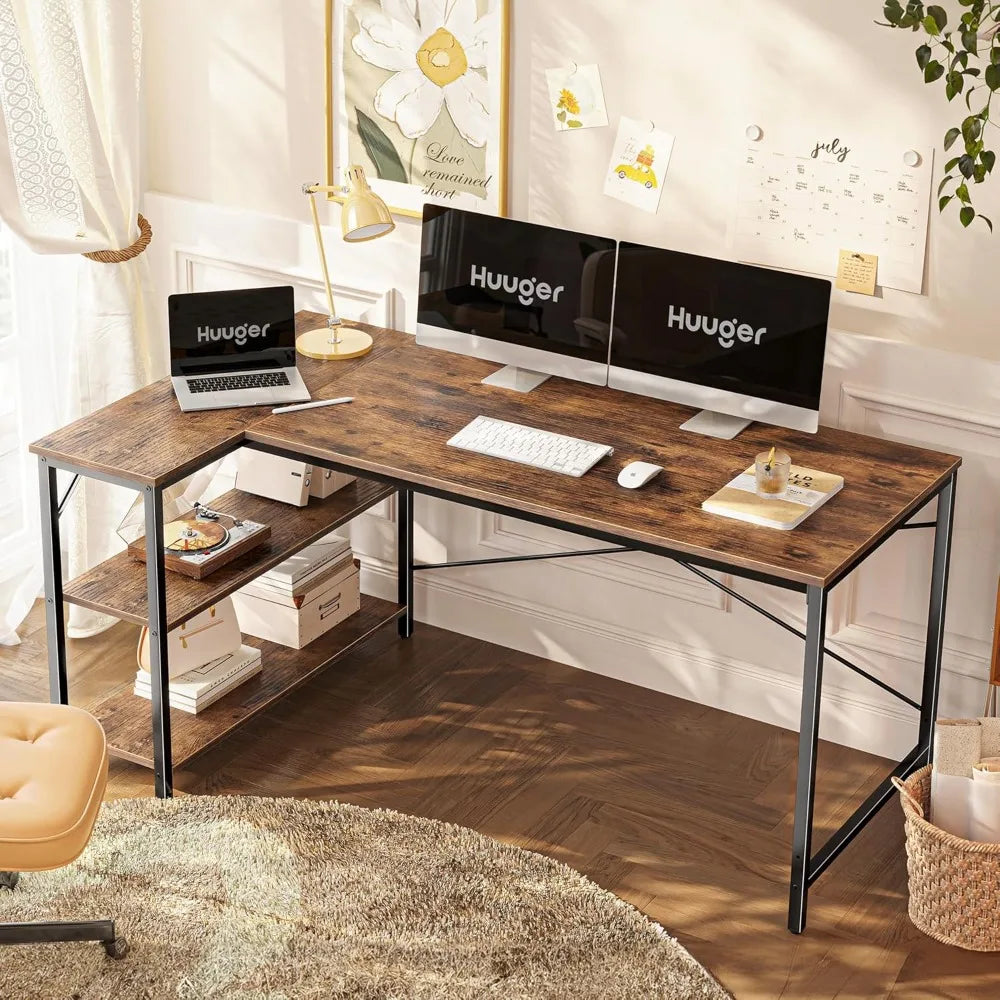 Large L-Shaped Desk 55-Inch Gaming and Home Office Desk with Reversible Shelves for Study and Writing - United States