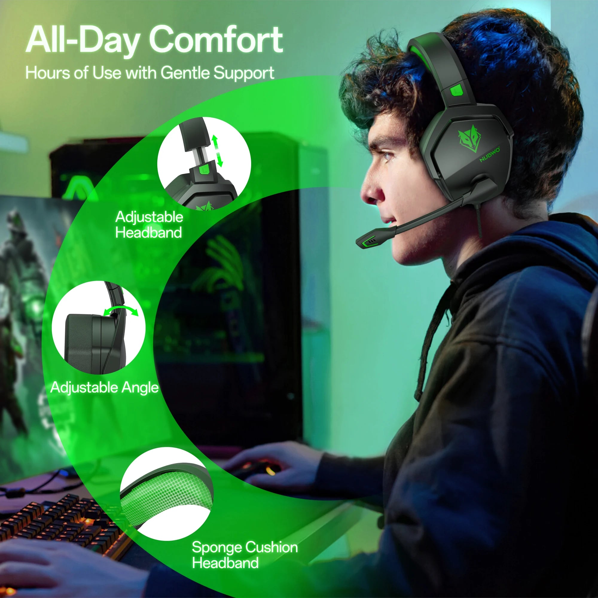 NUBWO N16 Gaming Headset - Noise Canceling Mic Stereo Sound and Comfortable Design Gaming Headphones for PS5 PS4 Xbox