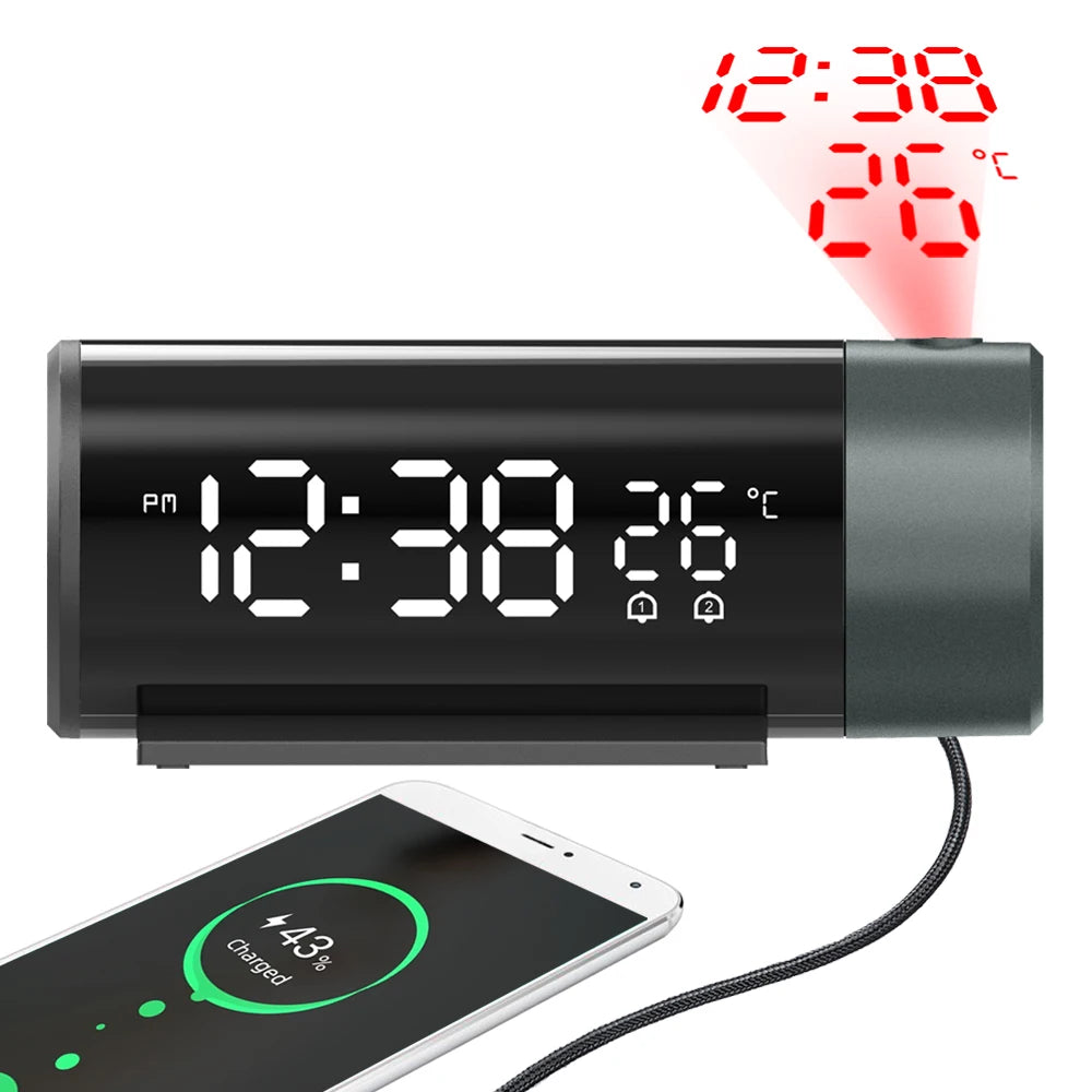 Projection Digital Alarm Clock with 180° Rotatable Projector Clear LED Display4-Level Brightness Dimmer for Bedroom