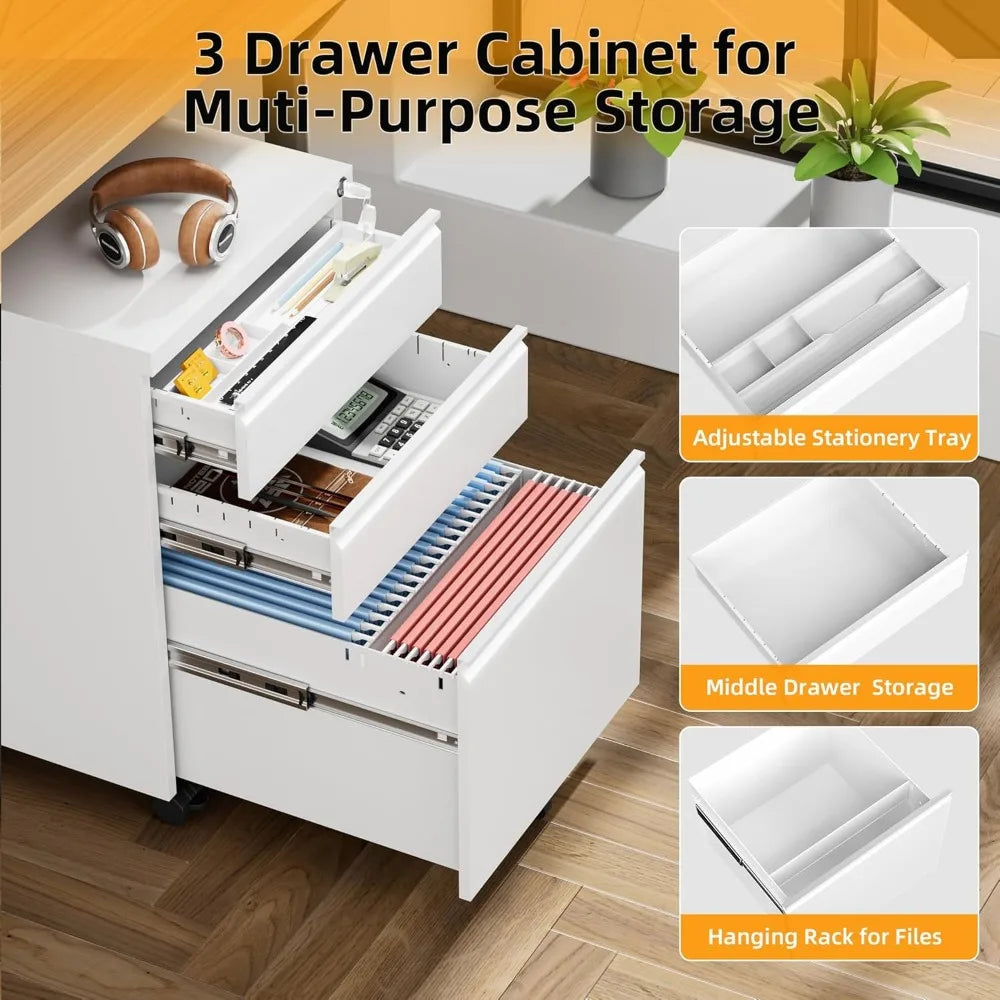 3 Drawer Filing Cabinet with Lock White Mobile File Cabinet with Wheels Rolling Small Metal Cabinets Under Desk