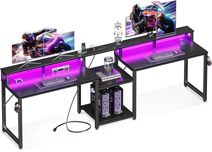 98 Inch 2 Person Gaming Desk with Storage Shelves- Long Double Home Office Computer Desks with USB Charging Port & LED
