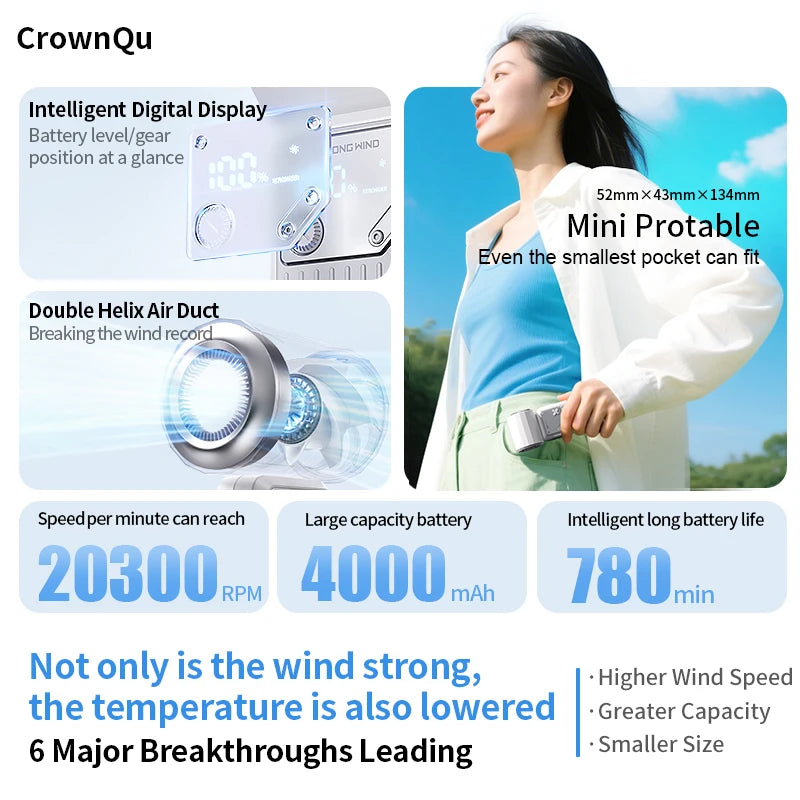 Mini Handheld Fan 4000mAh Pocket Portable High-speed Brushless Motor With Digital Display Outdoor Travel Cooling Turbo