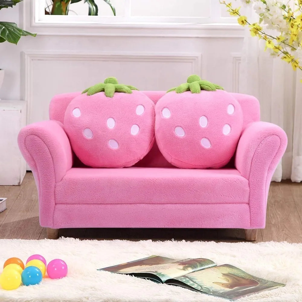 Pink Double Seat Sofa w/2 Strawberry Pillows children Sofa Chair for Bedroom Living Room Large Soft Loveseat Living