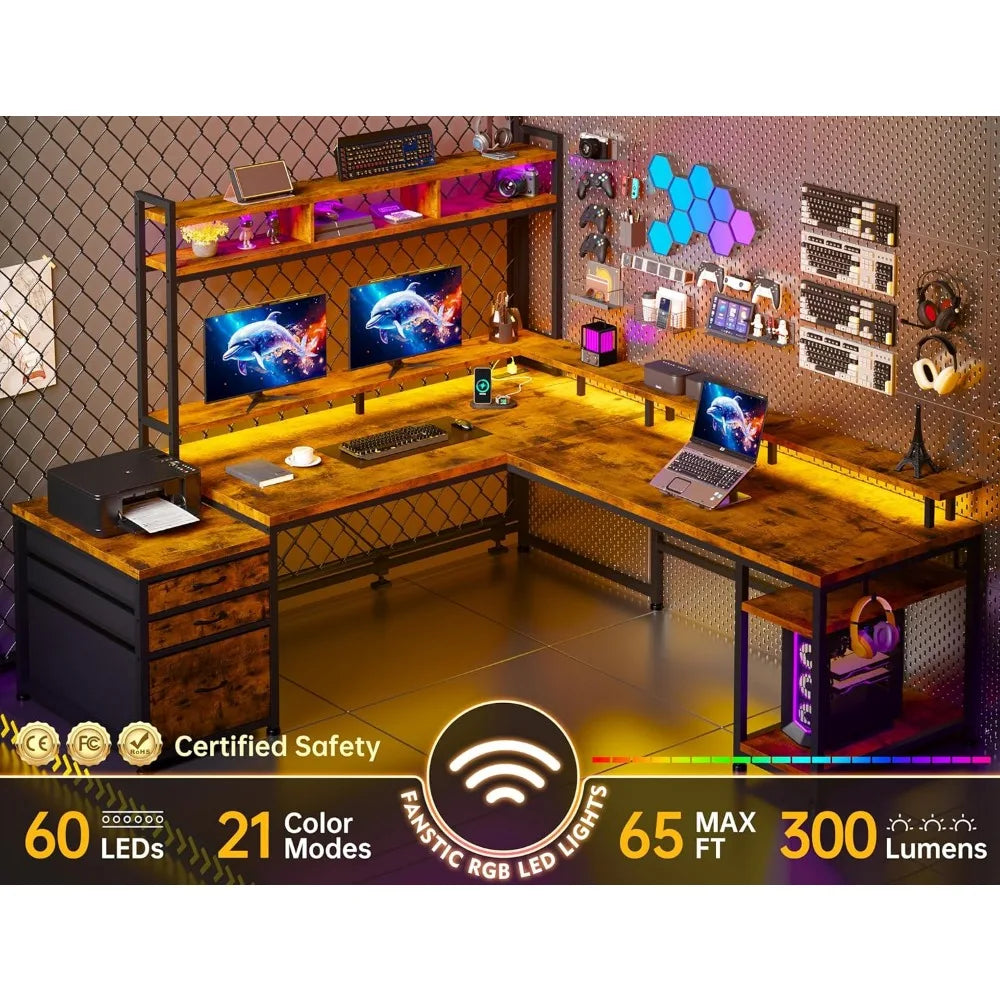 Two-Person L-Shaped Desk with Hutch Monitor Shelf and Storage Drawers