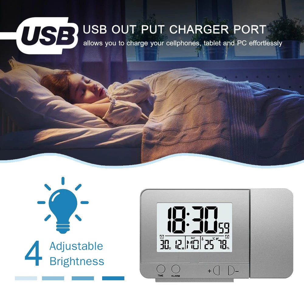 Projection Alarm Clock for Bedroom with Thermometer Hygrometer Digital Ceiling Clock Dimmable LED Display with USB