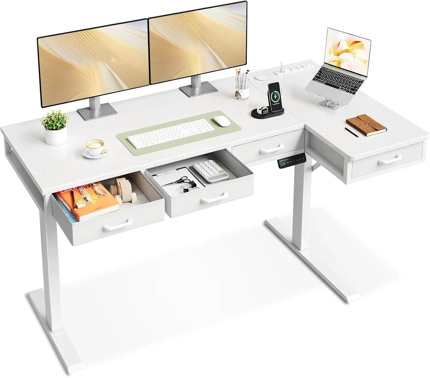 L Shaped Electric Standing Desk with Drawers Height Adjustable Large Desk with Power Outlets Sit Stand Table, - United