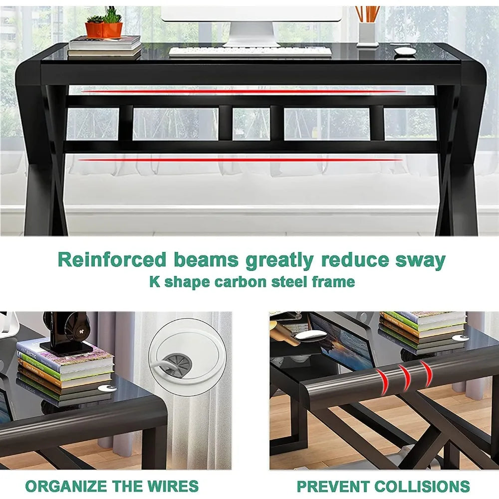 Computer desk home office desk 55.1 inch modern minimalist office black glass desk study room - Black 1 / United States