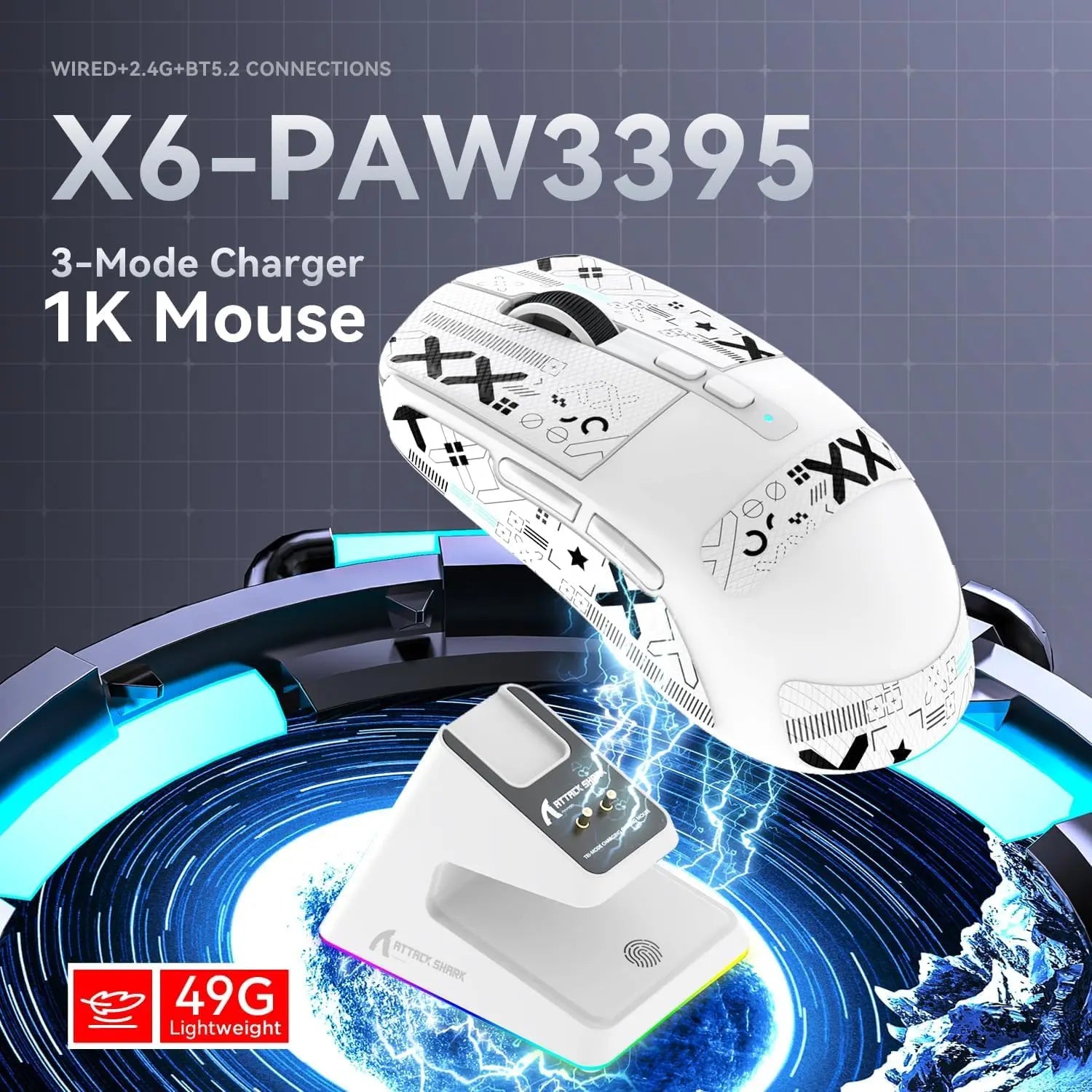 ATTACK SHARK X6 Lightweight Wireless Gaming Mouse with RGB Backlight Charging Base,Tri-Mode,26K DPI PAW3395 Optical