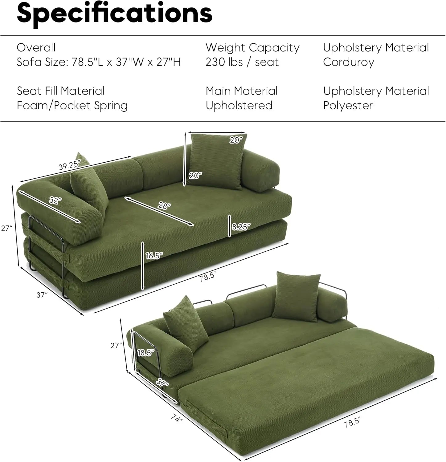 Convertible Sleeper Sofa Bed with Cylindrical Pillow Corduroy Folding Mattress Couch with Fixed-Shape Frame Floor Sofa