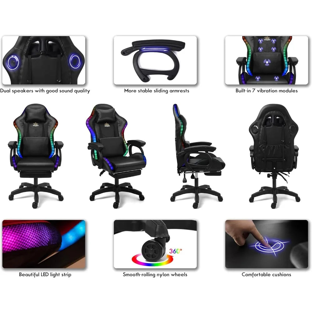 Gaming Chair with LED Lights and Speakers Ergonomic Pro Video Game Chair with Massage and Footrest for Adults Teens