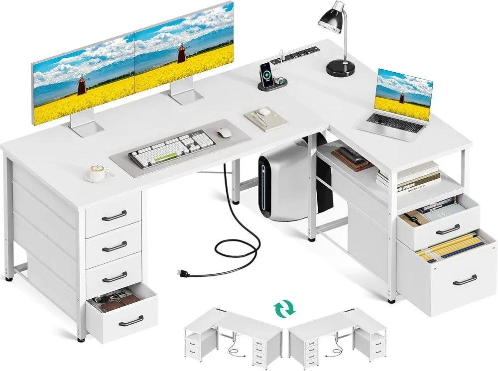 L Shaped Computer Desk with 6 Drawers & Power Outlet 55 Inch Corner Desk with Reversible Storage Shelf & File Drawer