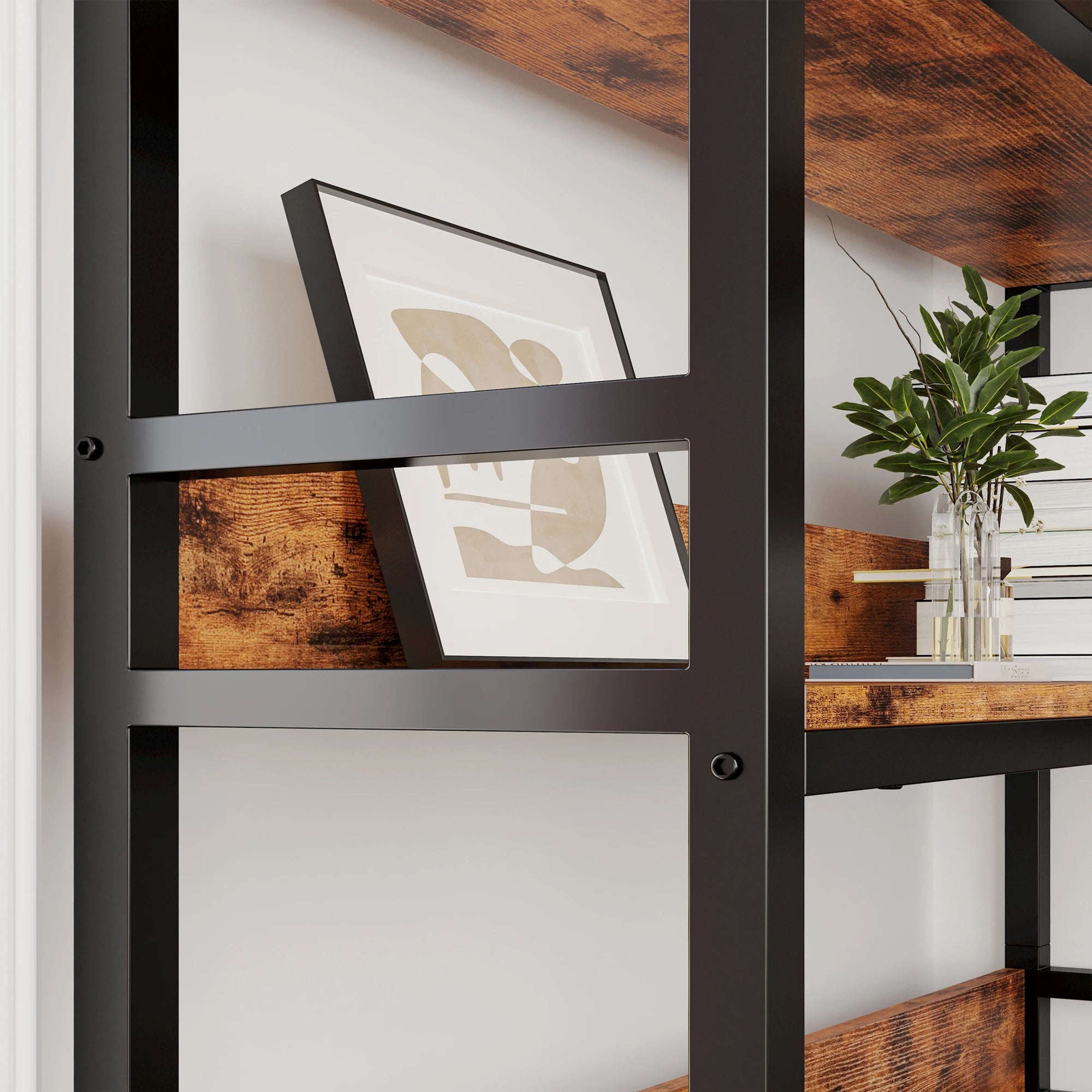 IRONCK Industrial Bookshelves 6 Tiers Corner Bookcases with Baffles Etagere Shelf Storage Rack with Metal Frame