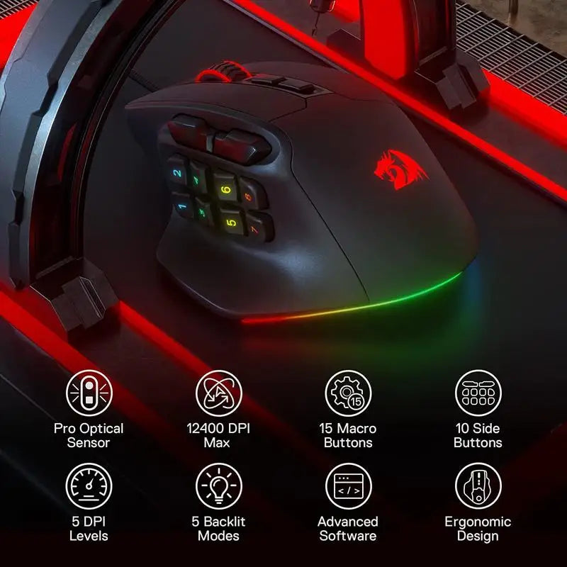 Redragon M811 Aatrox MMO Gaming Mouse 15 Programmable Buttons Wired RGB Gamer Mouse w/ Ergonomic Natural Grip Build
