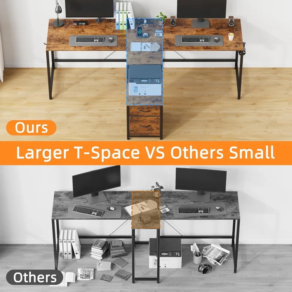 Shaped 2 Person Desk with Power Outlet Long Two Person Gaming Table with LED & Fabric Drawers 81.2’’ Computer Desks