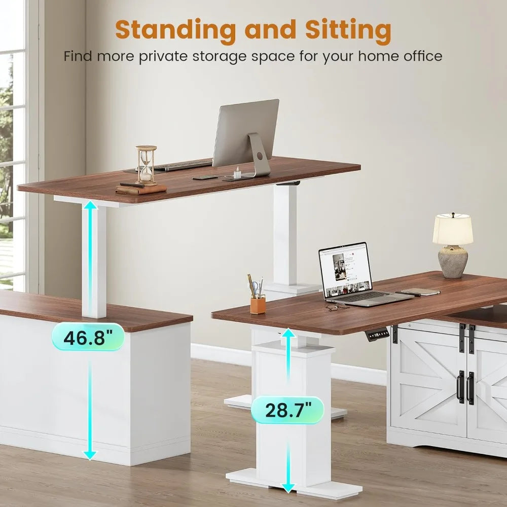 L-Shaped Adjustable Standing Desk with Storage Drawers Power Outlets and Farmhouse Design for Home Office - United