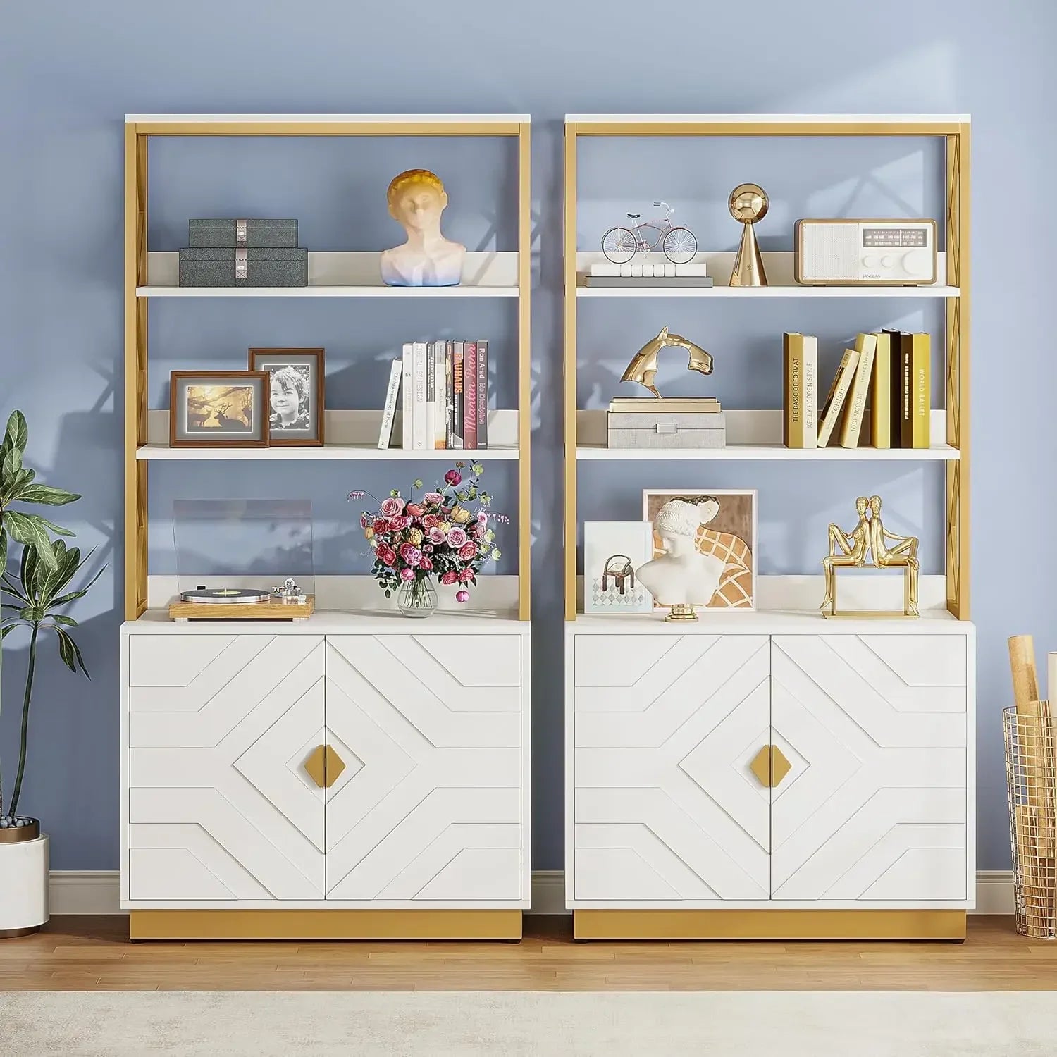 White and Gold Bookshelf with Doors: 70.9 Inches Tall Etagere Bookcase Set of 2 Modern Open Display Book Shelves