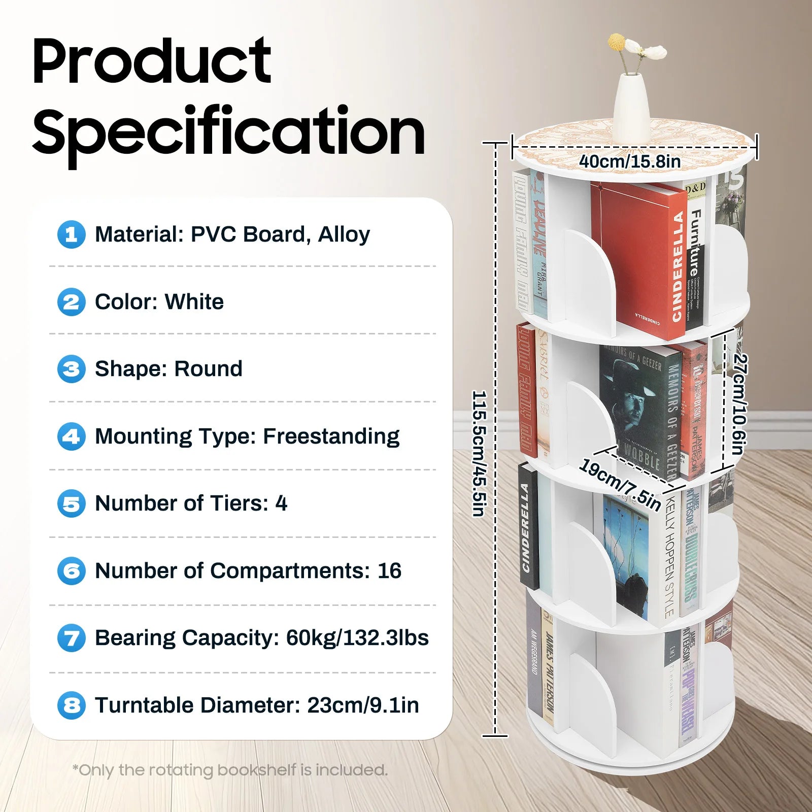 4 Tier Rotating Bookshelf 360° Spinning Display Rack with Wheels 16-Cube Storage Shelf for Books Toys White for Home