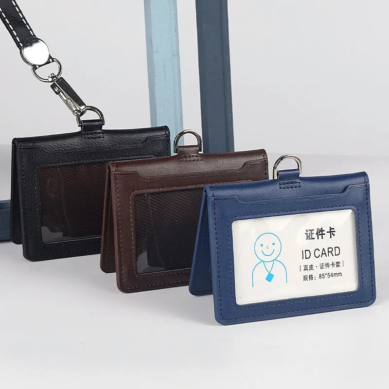 Cowhide ID Card Holder Business Document Case Leather Factory Staff Office Workers Badge Tag Cases with Lanyard
