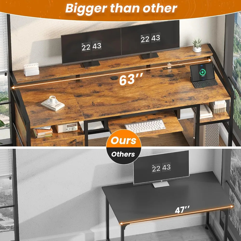 63’’ Computer Desk Office Desk with Lock Drawers for Legal/Letter File Gaming Desk with LED Light & Power Outlet Home