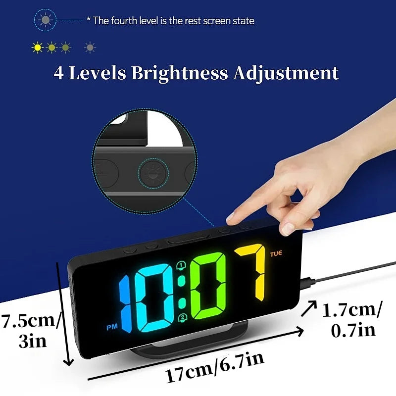 RGB Digital Alarm Clock with RGB Mood Light 2 Alarm Night Mode Unlimited Snooze Table Clock 12/24H Output USB Charging