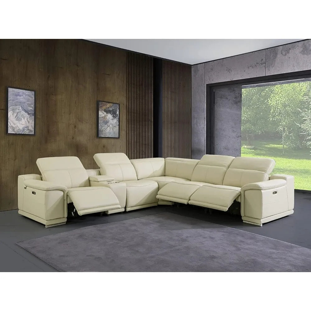 6 Piece Top Grain Italian Leather Sectional Sofa with 3-Power Recliners Adjustable Headrest Lumbar - Beige / United