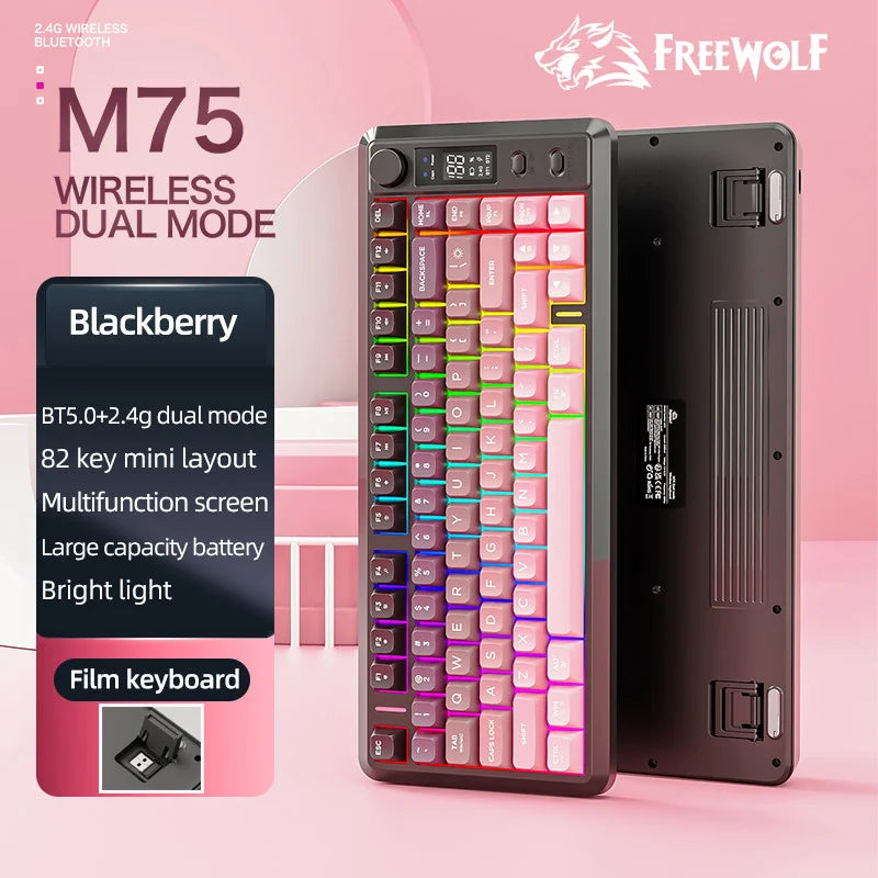 FREE WOLF M75 82-Key Compact Wireless Gaming Keyboard - Dual Mode (Bluetooth/2.4G) RGB Backlit OLED Display Large