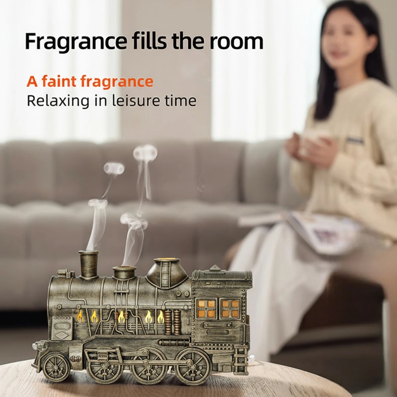 300ML Vintage Steam Train Air Diffuser Humidifier with 2-Color LED Light/2 Mist Modes Aroma Diffuser for Office Bedroom