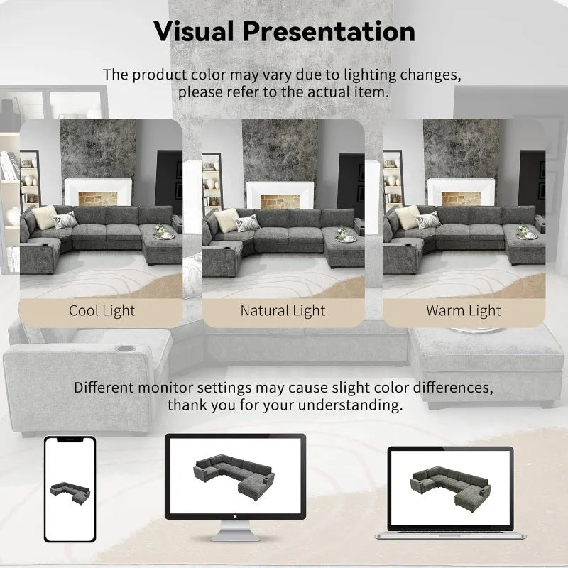 Modern U-Shaped Cloud Couch Set 6-Seat Chenille Sectional Sleeper Sofa with Cup Holders & Chaise - Gray / United States