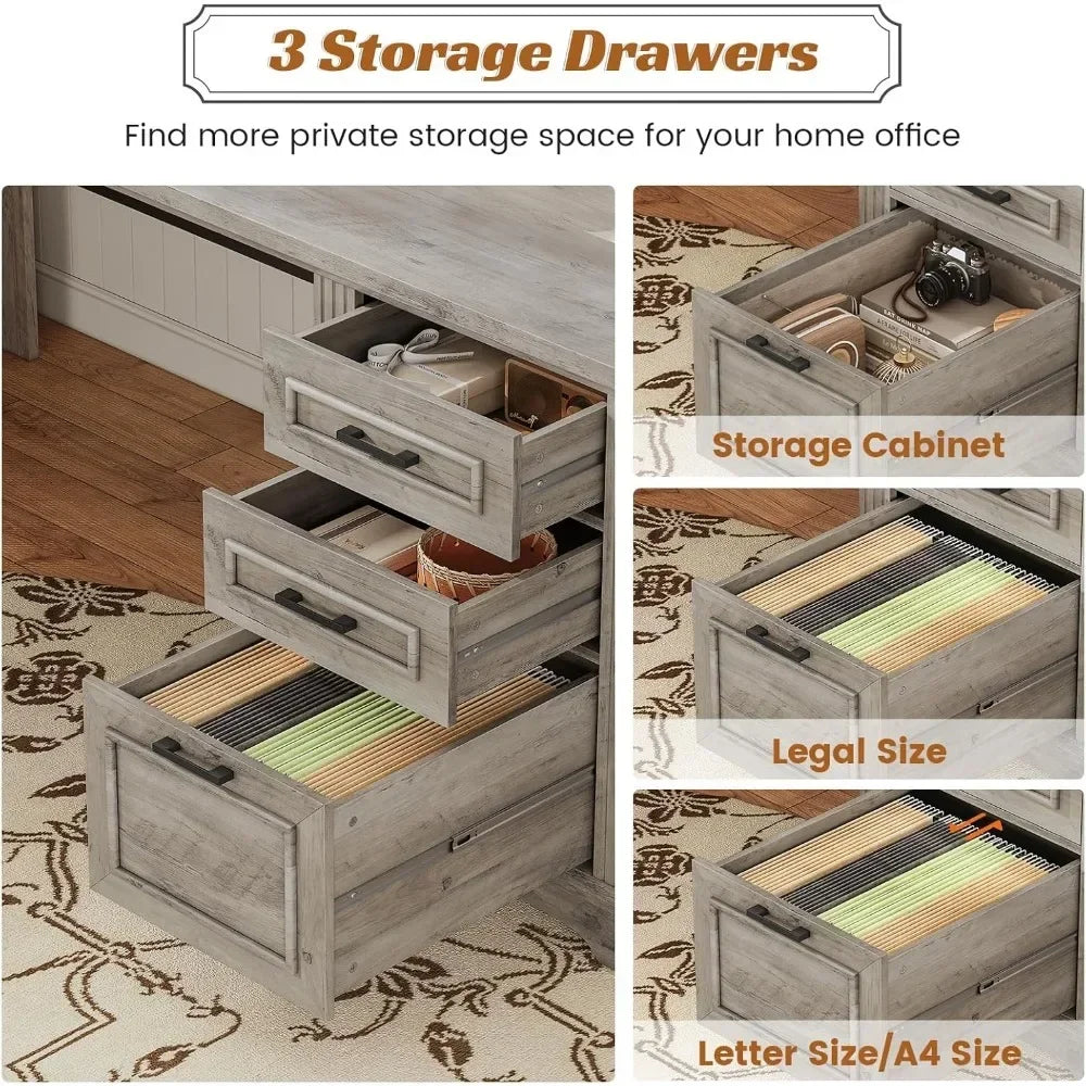 69’’ L Shaped Desk with Drawers and Storage Farmhouse Computer Desk with File Drawers and Power Outlet