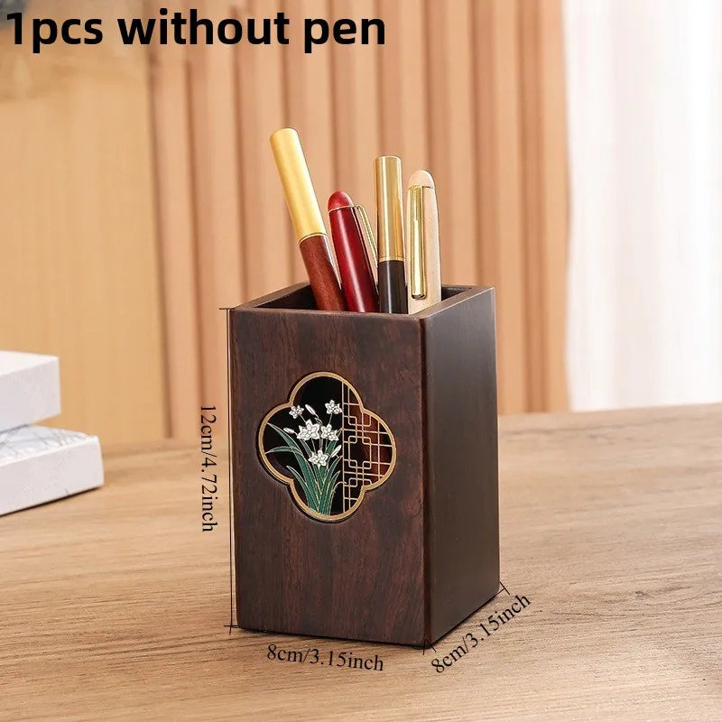 1pcs Multifunctional Ebony Wood Pen Holder Chinese Style Engraved Desktop Organizer Retro Wooden Desk Decor Business