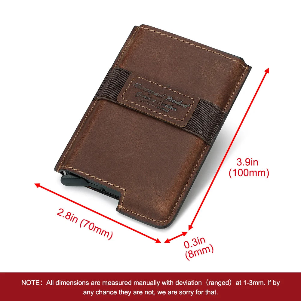 HUMERPAUL Slim Men’s Credit Card Holder Wallet Genuine Leather Pop Up Aluminum Card Box RFID Blocking Smart Walets