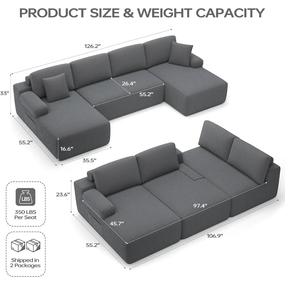 126.2’’ modular sectional sofa convertible u shaped cloud couch with memory foam corduroy boneless sectional couches