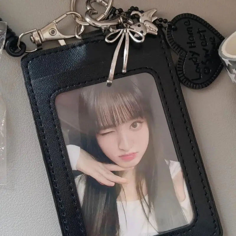 Black PU Leather Silver Cat Bow Pendant Photo Card Holder Student Campus Card ID Card Holder Campus Card Holder Keychain