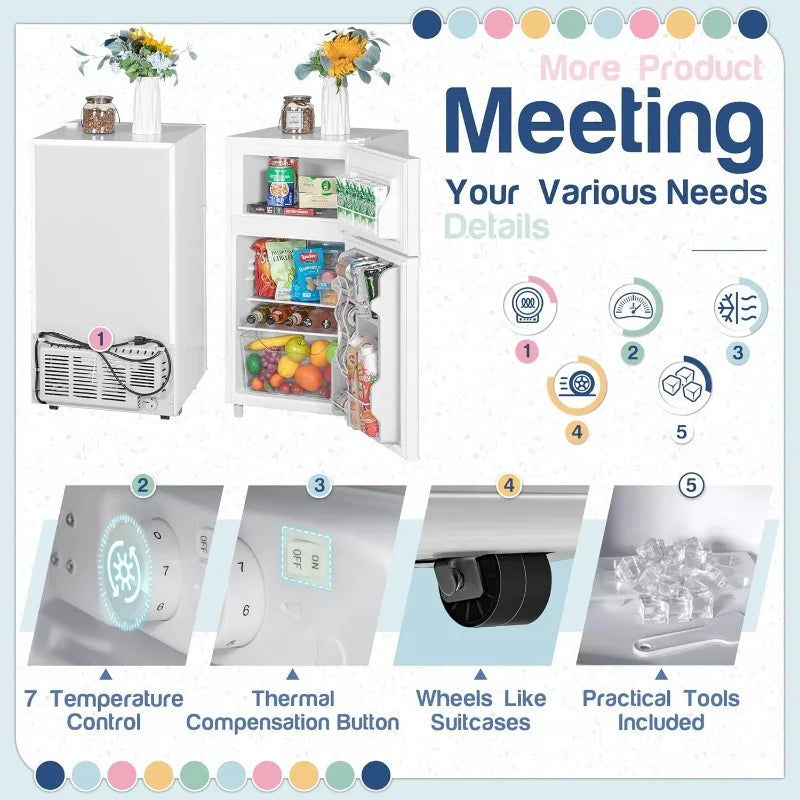 Double Door Refrigerator with Freezer 3.5 Cu.Ft Small Fridge with Freezer,7 Settings Temperature Adjustable Mini