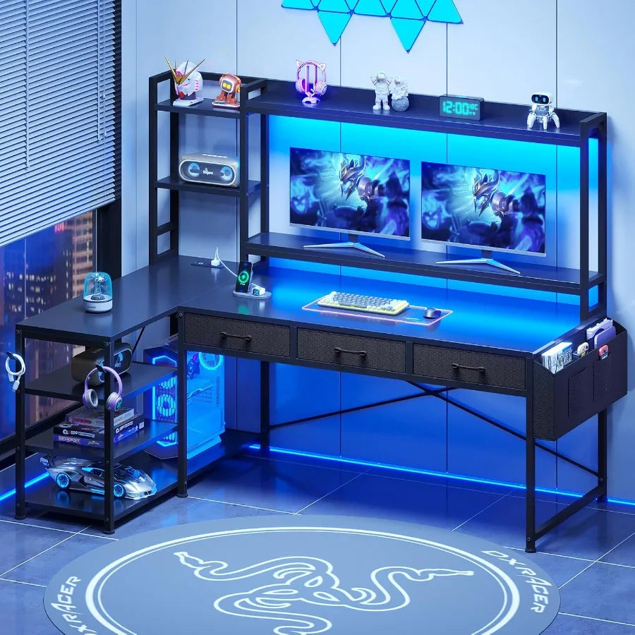 55 L Shaped Gaming Desk with Hutch and Drawers for Home Office or Gaming Room Corner Computer Desk with Adjustable