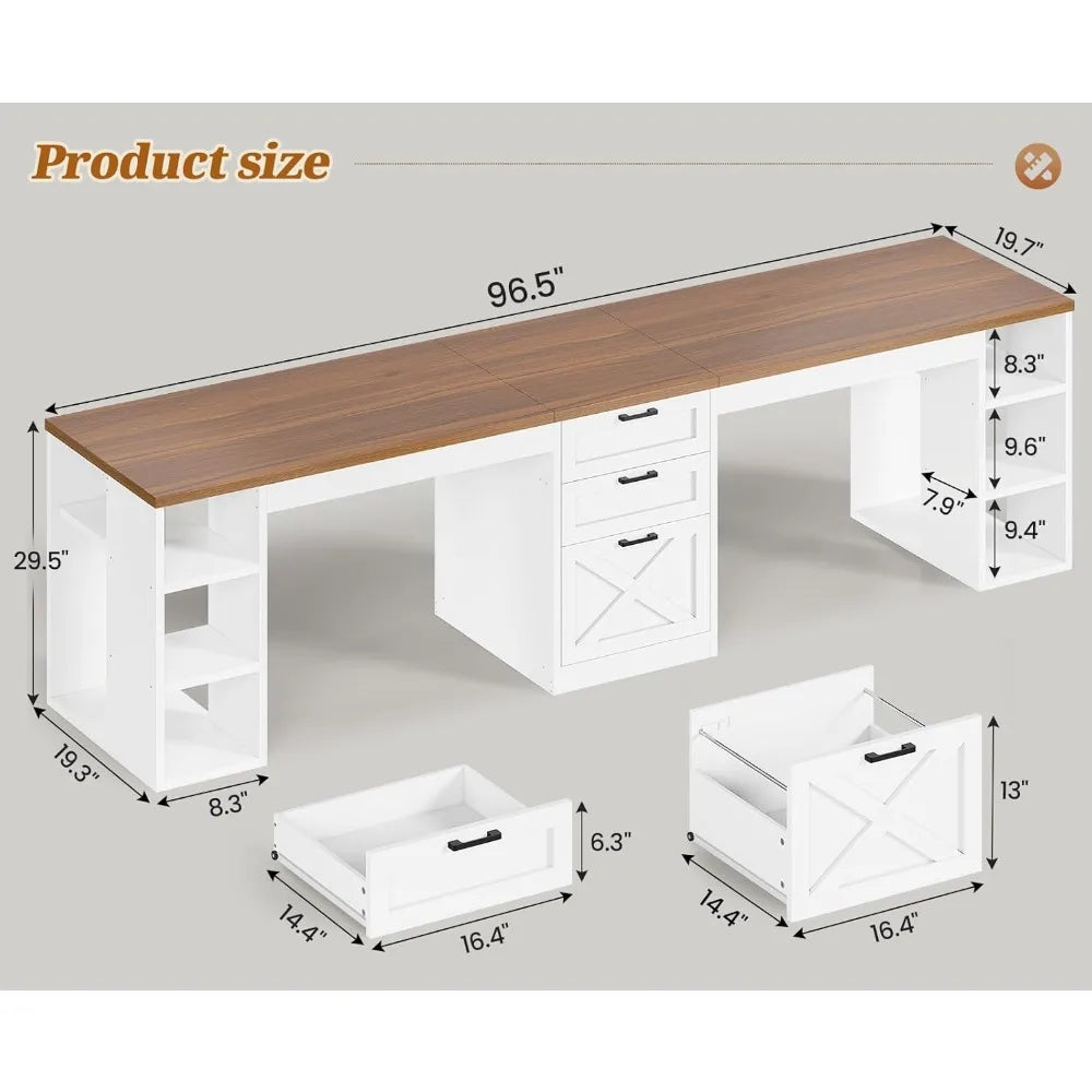 Farmhouse 96.5 computer desk with drawers 2-person home office desk gaming double table with storage rack - United