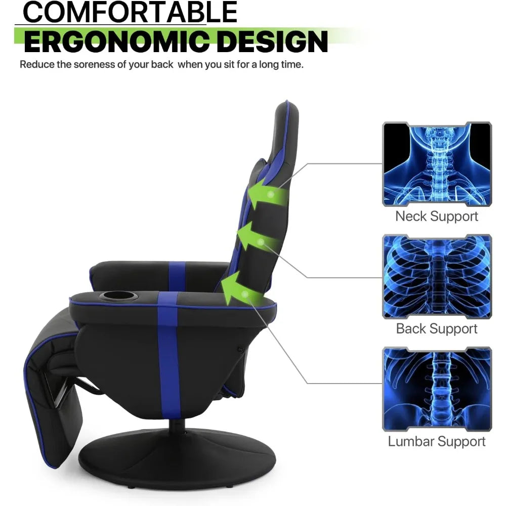 360° Swivel Gaming Recliner Chair Ergonomic PU Leather Reclining Chair with Adjustable Backrest Footrest Cup Holder &