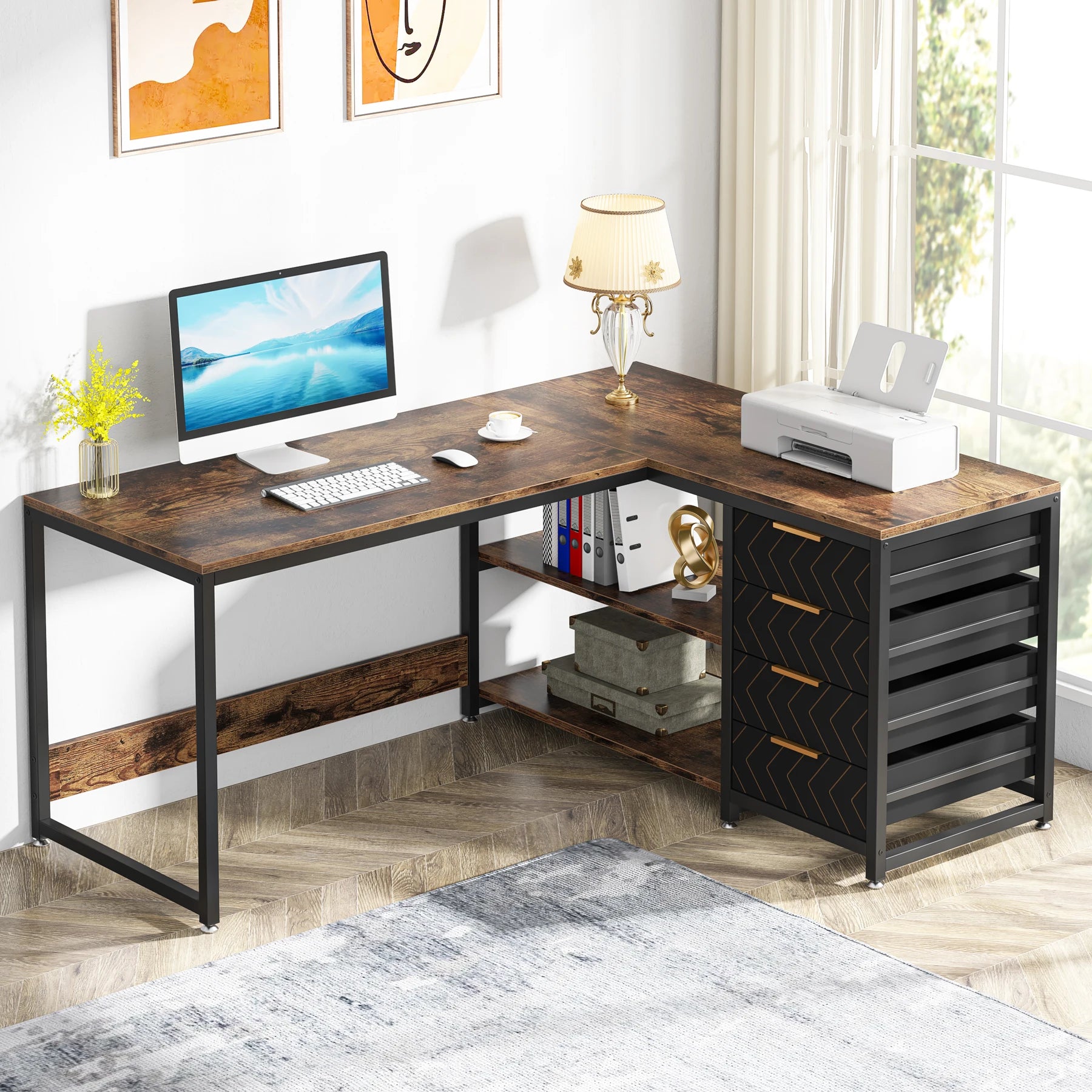 Tribesigns L Shaped Computer Desk with Storage Drawers 59 inch Corner Desk with Shelves Reversible L-Shaped Office Desk