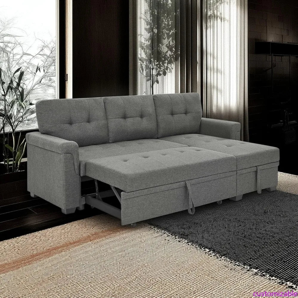 Gray Modern L-Shaped Sectional Sofa with Reversible Chaise Storage and Pull-Out Sleeper Bed for Living Rooms
