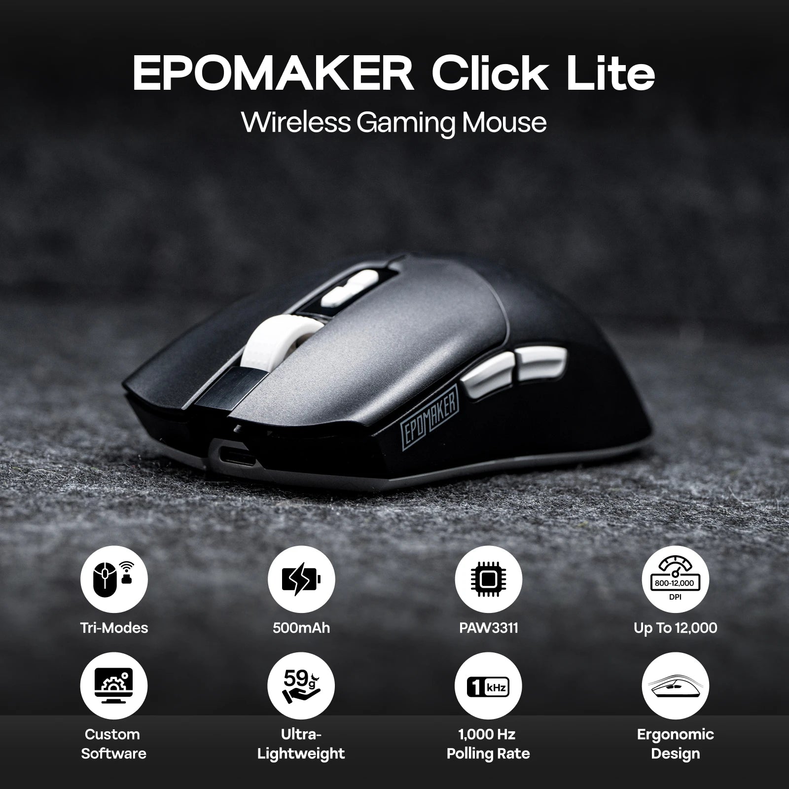 EPOMAKER Click Lite Wired/BT/2.4GHz Wireless Gaming Mouse PAW3311 Sensor with 800 to 24000 DPI 500mAh Battery
