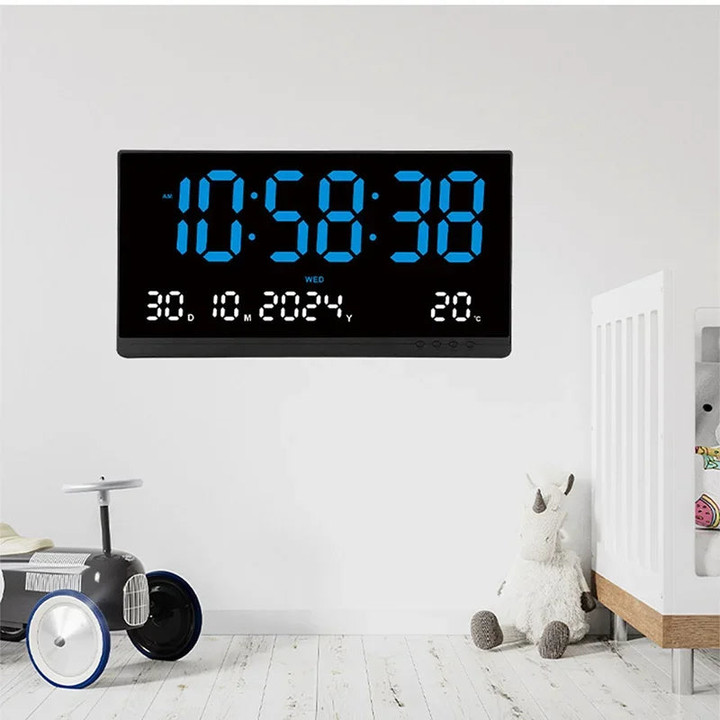 21 Inch Large Digital Wall Clock USB Powered Time Calendar 12/24H Time/Day/Month/Year/Temp Display Electronic LED Alarm